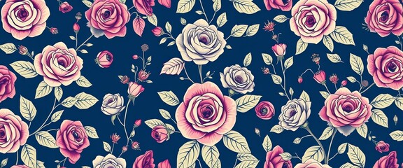 Indigo seamless rose pattern; fairytale forest, vintage botanical, hand-drawn line art, floral, textile design, fashion, flowers, illustration, bloom, nature