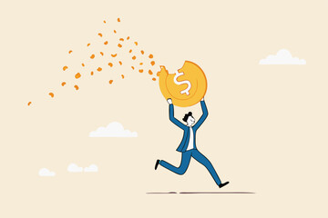 Depreciation, value reduce or drop, losing money from investment or economic recession, inflation or asset decline concept, businessman run away with value decrease dissolve dollar money coin.