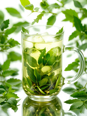 A glass mug filled with green tea and leaves on a transparent background