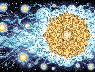 Cosmic Mandala Art: Vibrant Celestial Illustration with Surreal Sky and Spiritual Symbolism