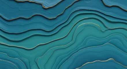 Obraz premium A luxurious abstract background resembling agate or marble, featuring flowing layers of rich teal and turquoise hues, elegantly highlighted by delicate golden veins.