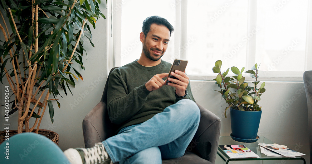 Aufkleber happy, waiting room and man with cellphone, typing and connection with social media. person, communi
