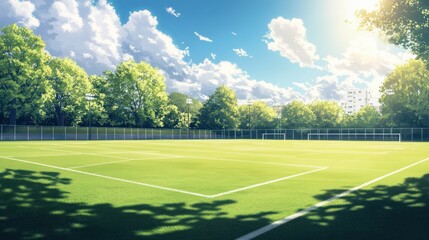 Serene athletic field beneath a vast sky, painted with tranquility and athletic promise