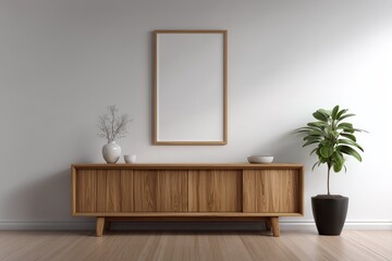 realistic white wall interior, wooden sideboard, potted plant, empty space above cabinet for poster mockup, soft daylight, minimalist decor