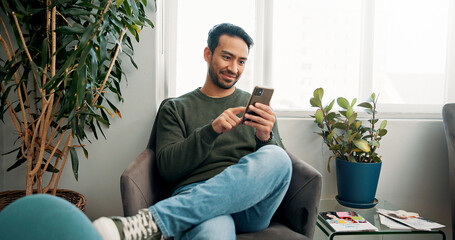 Happy, waiting room and man with cellphone, typing and connection with social media. Person,...