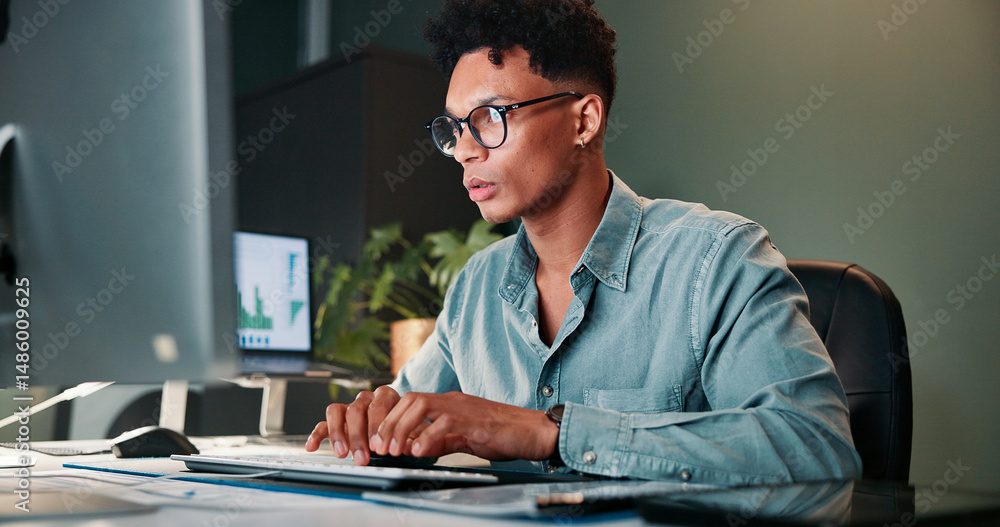 Aufkleber man, typing and computer with trading, charts and review for revenue report in office at company. pe