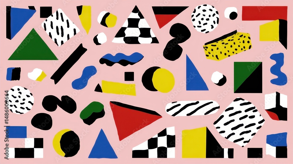 Poster pink background filled with dynamic geometric shapes creating a trendy memphis pattern for modern ae