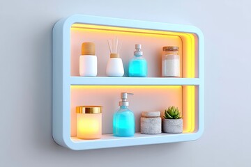 Illuminated wall shelf with various bath and body products, including lotions, soaps, and candles.  Modern minimalist design
