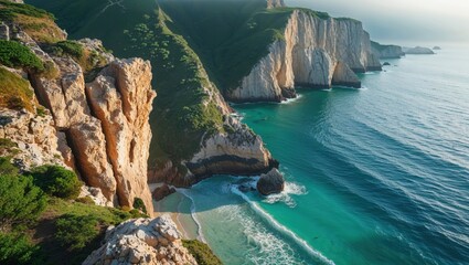 Stunning coastal view of dramatic cliffs meeting a turquoise ocean. The rugged landscape offers breathtaking scenery.