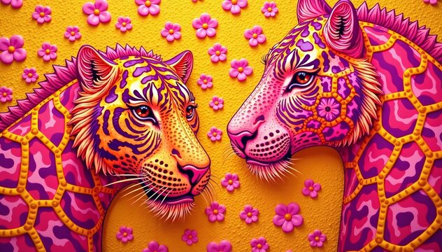 Close-up of intricate pink and yellow animal pattern featuring leopar, tiger, zebra, and giraffe prints, pink, giraffe, intricate