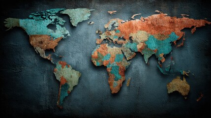 Vintage world map textured wall decoration with aged paper style for explorers and adventure enthusiasts