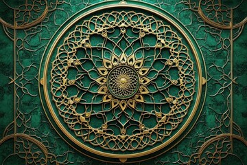Obraz premium Intricate gold circular ornamental pattern with floral and geometric motifs on a textured green background, conveying elegance and detailed craftsmanship