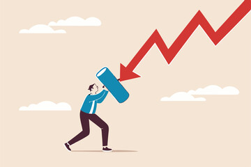 Fight with inflation or economic recession, protect wealth from crisis or bear market loss, insurance or safety for interest rate hike, businessman investor holding shield to protect from red arrow.