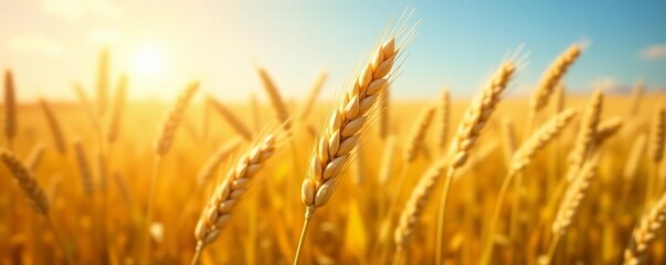 Close-up of ripe golden wheat ears in the field under sunlight, summer, countryside, grains
