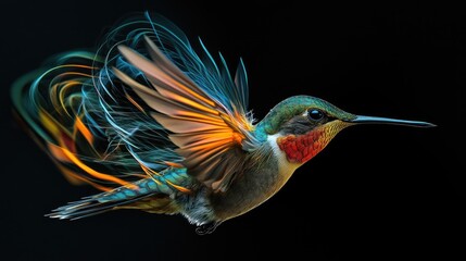Vibrant hummingbird in flight, wings blurred with colorful motion trails against a black background.