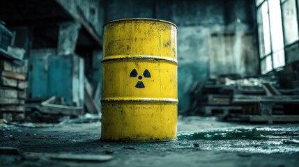 Ultra quality image of yellow barrel with toxic and dangerous chemical fuel, green industrial liquid waste on the floor of an empty old warehouse. gallon or container with.