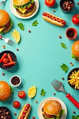 Colorful summer barbecue pattern with burgers, hot dogs, grill, and utensils, background, bbq, cookout