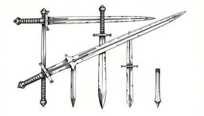 Engraved knight swords, long blades, ancient medieval weaponry, vintage vector illustration, light background,  history, medieval