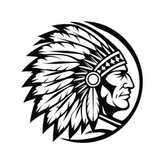 Monochrome Profile of Native American Chief with Feather Headdress and Circular