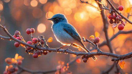 A small, perching bird bathed in golden sunlight