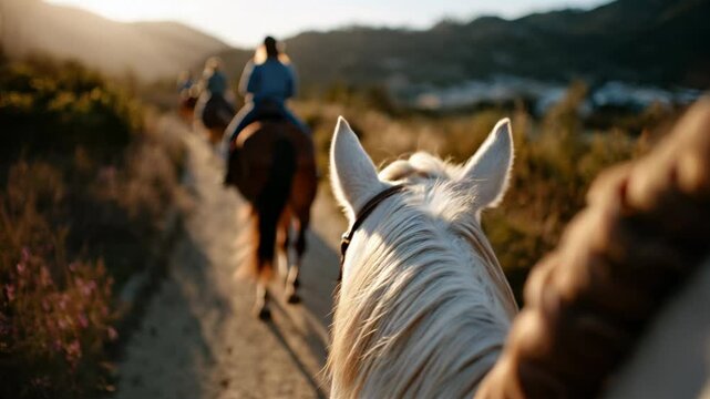 Trail ride through the countryside seen from the rider's point of view, with horse ears in the foreground and warm light on the dusty path &mdash; Generative AI