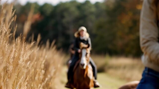 Women horseback riding in tall golden grass with blurred riders in the background, warm natural light and autumn tones &mdash; Generative AI