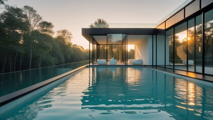 Obraz premium Stylish modern minimalist residence with a spacious pool that invites relaxation and leisure surrounded by clean lines and a sleek aesthetic in a beautiful outdoor environment