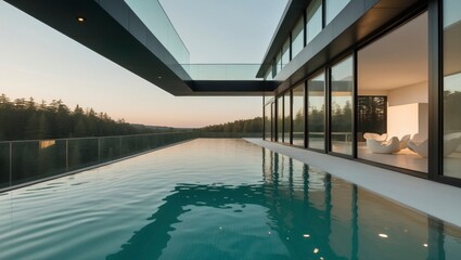 Obraz premium Charming modern minimalist residence showcasing a beautiful pool that enhances the outdoor living experience surrounded by natural beauty and contemporary design elements