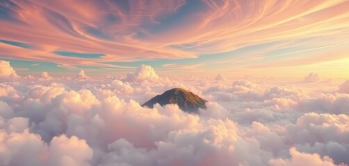 Ethereal islands float amidst swirling clouds in a vibrant, minimalist dreamscape,  composition,  atmosphere