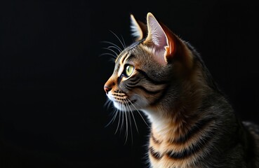 Close-up portrait of cat in dark. Profile view showcases detailed fur, green eyes, and long whiskers. Domestic pet in studio, ideal for pet food advertisement, cat healthcare.