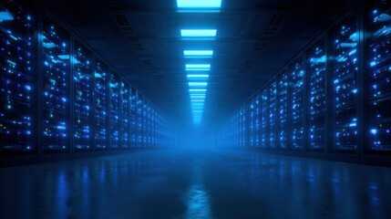 Obraz premium Ultra quality image of brightly illuminated server room with endless rows of glowing blue lights.