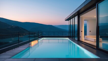 Fototapeta premium Stunning modern glass home with rectangular rooftop overlooking a beautiful swimming pool surrounded by lush greenery and a serene outdoor living space