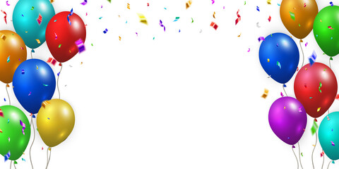 Beautiful celebration party png template with colorful flying balloons and confetti on transparent background. © Jan