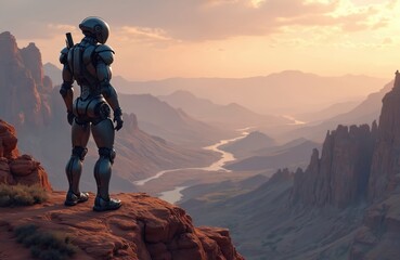 Futuristic robot stands on a red rock cliff, overlooking desert canyon at sunset. Scenic view of valley with river. AI generated illustration of modern tech with natural landscape background.