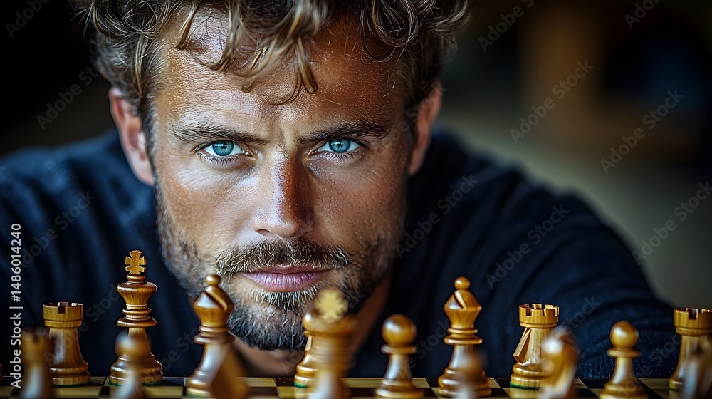 Poster a pensive chess player deeply focused on the game