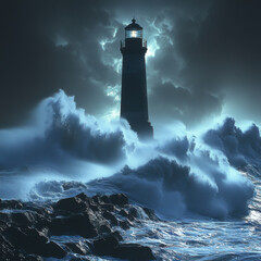 Lighthouse standing resilient amidst stormy sea.
