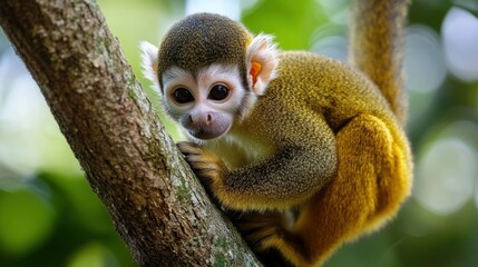 Obraz premium Adorable squirrel monkey with expressive eyes clinging to a tree branch