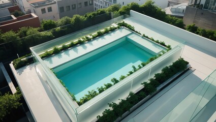 Fototapeta premium Gorgeous rooftop garden overlooking a minimalist architectural glass house design featuring lush greenery for a perfect urban oasis and peaceful retreat in the city