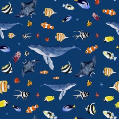 A lively and colorful seamless pattern teeming with diverse marine life.