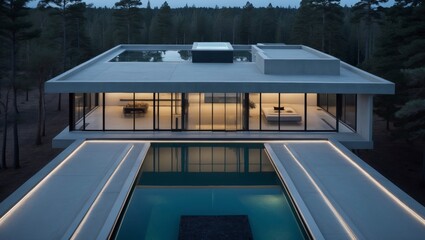 Fototapeta premium Gorgeous high-end contemporary home featuring full floor to ceiling offering stunning views and abundant natural light creating a luxurious and inviting living space