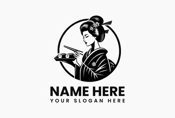 Graceful Japanese geisha wearing traditional striped kimono delicately holds a tray of sushi rolls with chopsticks against a stylized radiating background. Japanese culture concept