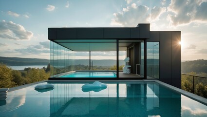 High concept modern house with an uninterrupted poolside view that blends seamlessly with nature offering a luxurious outdoor living experience for relaxation and entertainment
