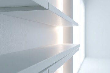 Obraz premium Minimalist white shelves mounted on a wall, subtly lit from behind, creating a clean, modern aesthetic in a bright, spacious room