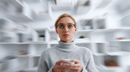 Focused woman in glasses holding a small object while chaos blurs around her. Concept of mental clarity, stress management, and staying calm in a fast-paced or overwhelming environment.