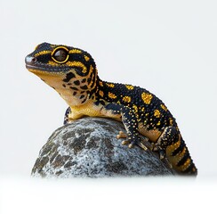Obraz premium Close-up of a brightly patterned gecko with yellow and black scales perched on a textured rock against a plain background