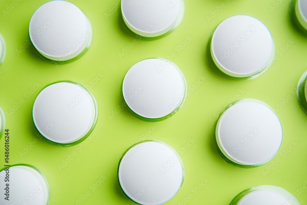 Poster white round pills forming regular pattern on green background