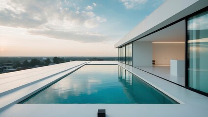 Sleek minimalist house featuring a panoramic pool view surrounded by lush greenery and modern architectural design offering an inviting outdoor living experience