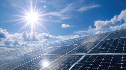 Ultra quality image of modern house rooftop covered with solar panels shining under bright sunlight in a clear blue sky.