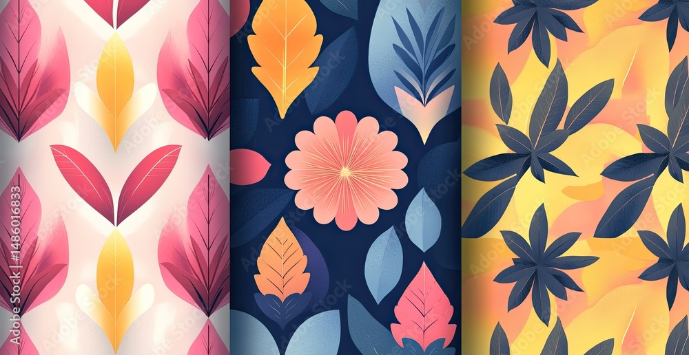 Poster three seamless patterns feature stylized leaves and flowers. soft colors and flat design