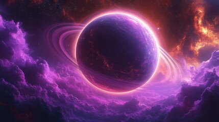 Obraz premium A glowing purple and black planet with bright rings surrounded by vibrant pink and purple clouds in space with a fiery orange nebula in the background, evoking a sense of mystery and wonder